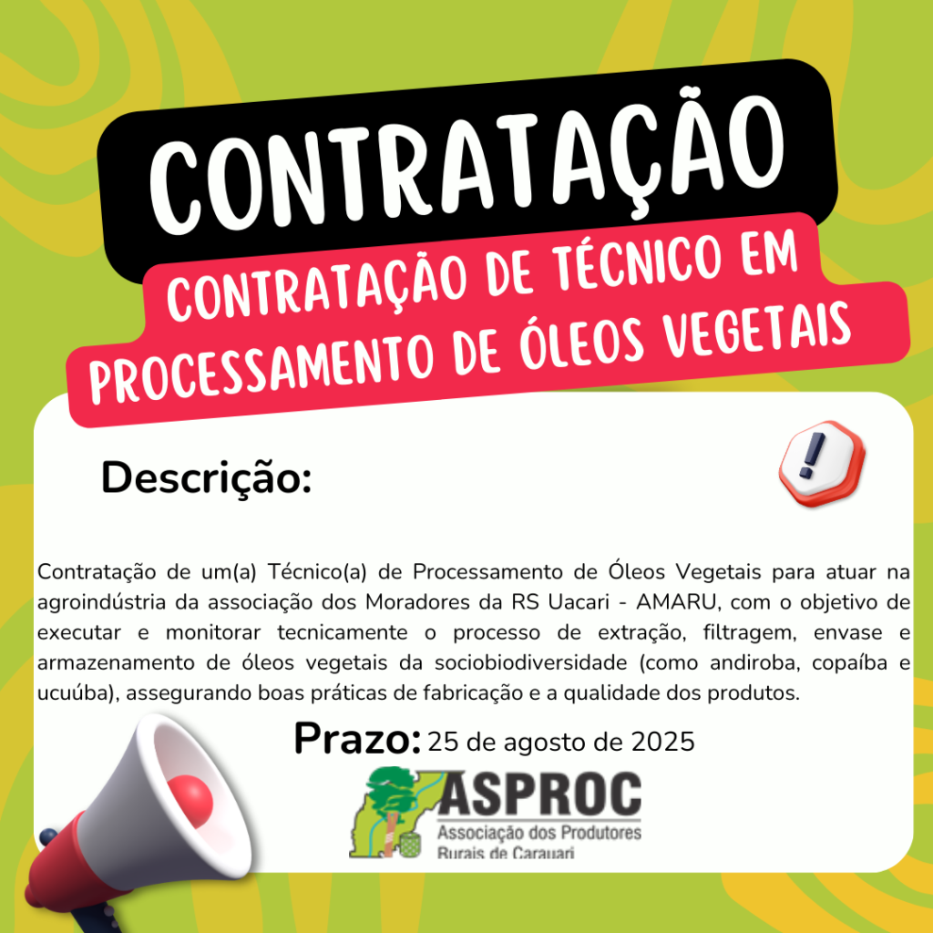 Vaga: Técnico(a) em Processamento de Óleos Vegetais – Associação AMARU
