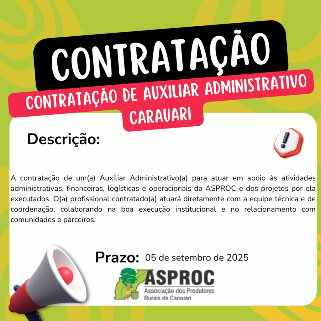 a contratação de um(a) Auxiliar Administrativo(a) para atuar em apoio às atividades administrativas, financeiras, logísticas e operacionais da ASPROC e dos projetos por ela executados. O(a) profissional contratado(a) atuará diretamente com a equipe técnica e de coordenação, colaborando na boa execução institucional e no relacionamento com comunidades e parceiros